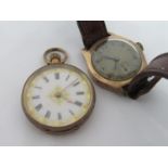 9k rose gold ladies fob watch with attractive enamel dial with Roman numerals and gilt highlights,
