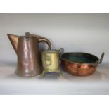 Large good quality copper jug in the arts and crafts manner with S scroll handle, 33cm high,