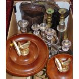 A box of interesting items comprising a pair of novelty teak bowls fitted with nautical type nut