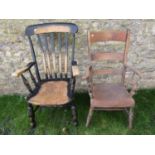 A 19th century Windsor elm and beechwood triple bar back elbow chair together with a further lathe