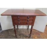 An early 19th century mahogany drop leaf ladies sewing table, fitted with two frieze drawers (