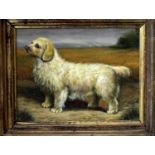 In the 19th century school manner, study of a Clumber type spaniel standing in a landscape