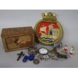 A mixed lot comprising silver pocket watch, silver napkin ring, various brooches, a cast crest of