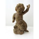 Vintage carved timber figure of a young boy, arms outstretched. 43cm
