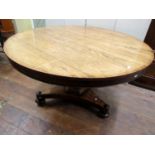 19th century rosewood tea table, the circular top raised on a tapering hexagonal pillar and