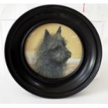 A mid-20th century miniature portrait (possibly on a photographic base) a terrier with inscription