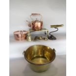 Collection of metal wares comprising an antique lidded polished copper saucepan, together with a