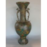 Chinese patenated bronze bottle neck baluster vase with twin scrolled bird head handles and embossed