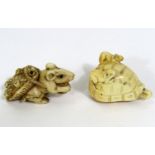 Meiji Period - Two Pierced Ivory Netsuke - one of a rat hauling an upturned tortoise upon its