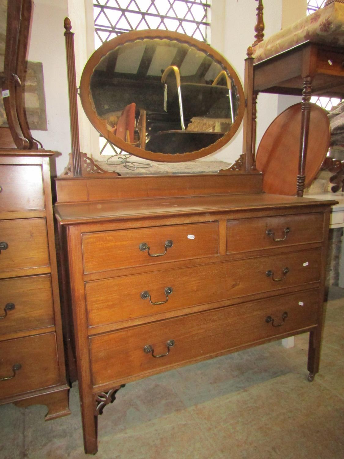 An Edwardian mahogany bedroom pair and similar matching dressing chest with raised oval swing mirror - Image 3 of 4