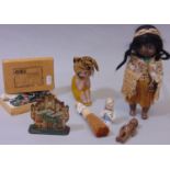 Small mixed collection of vintage toys including farm animals, a ceramic half doll brush, a