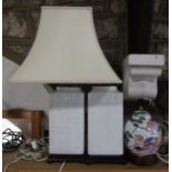 Pair of Chinese Blanc De Chine square table lamps embossed with various calligraphy, 35cm high (