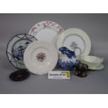A collection of ceramics including 19th century pearl-ware plate, with blue and white painted