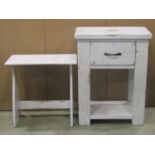 A two tier side table with painted and distressed finish, fitted with a single deep frieze drawer