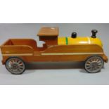 Vintage wooden toy train with 4 wheels and painted tank, 61cm long
