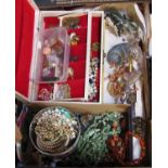 Collection of gem trees, hardstone carvings, bead necklaces and further costume jewellery (a boxful)