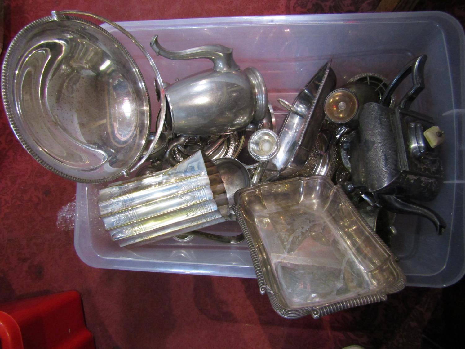 A box containing a large collection of antique and later silver plated items to include a lidded