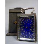 Fine silver and guilloche enamel carriage type miniature time piece, the dial with gilt hands and