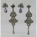 Three pairs of antique style silver and marcasite drop earrings to include a pair in the form of
