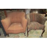 An Edwardian tub chair with rolled arms, stylised alternating striped finish and cabriole forelegs