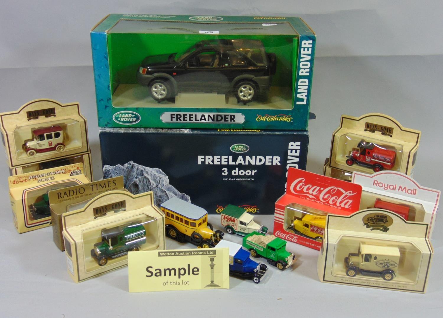 Model vehicles including 2 ERTL boxed Freelander Landrovers, Corgi Cars, and a quantity of boxed