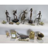 Mixed lot to include a cast metal, possibly bronze, set of musicians, carriage clock, lantern type