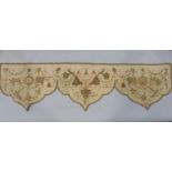 19th Century French embroidered panel 1.3m long, featuring 3 swags, decorated with goldwork motifs