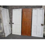 Four similar reclaimed painted pine four panelled internal doors, approx 196 cm high x 76 cm wide