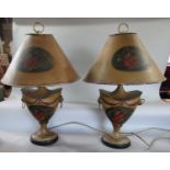 a good pair of Regency style toleware lamps, hand painted with musical still life, with matching