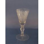 Good antique stemmed glass etched with a bust portrait of a gentleman in a court wig, other icons