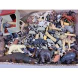 Boxful of vintage farm and zoo animals, including painted lead figures by Britains and other plastic