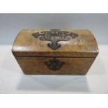 19th century burr walnut and metal clad domed topped tea caddy, the hinged lid enclosing segmented