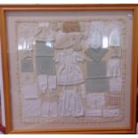Large framed display of late Victorian needlework samples including lacework, knitting, darning,