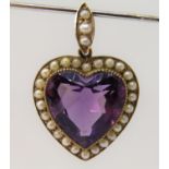 Victorian heart shaped yellow metal pendant set with amethyst and seed pearls, 3 x 2cm approx, 3.8g