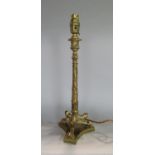 Good quality cast brass table lamp, the column with naturalistic relief decoration and three