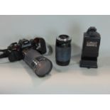 Vintage Pentax program A camera with Jessop 72 mm 28-200 mm lens, further Vivitar-300 mm macro lens,