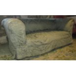 A late Victorian/Edwardian two seat Chesterfield type sofa with single drop rolled arm, simply
