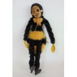 1930's toy bumble bee by Chad Valley with fur body, velvet face (1 eye missing), wired legs, pin