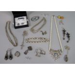 Collection of silver costume jewellery to include a pearl necklace with enamelled drop pendant set