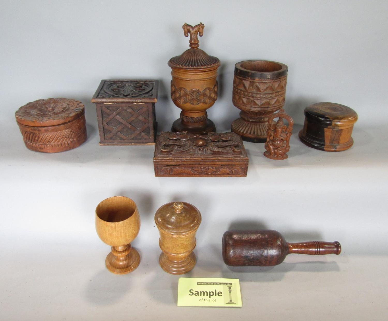 A box on interesting carved items to include various eastern and Scandinavian interests, seated - Image 2 of 2