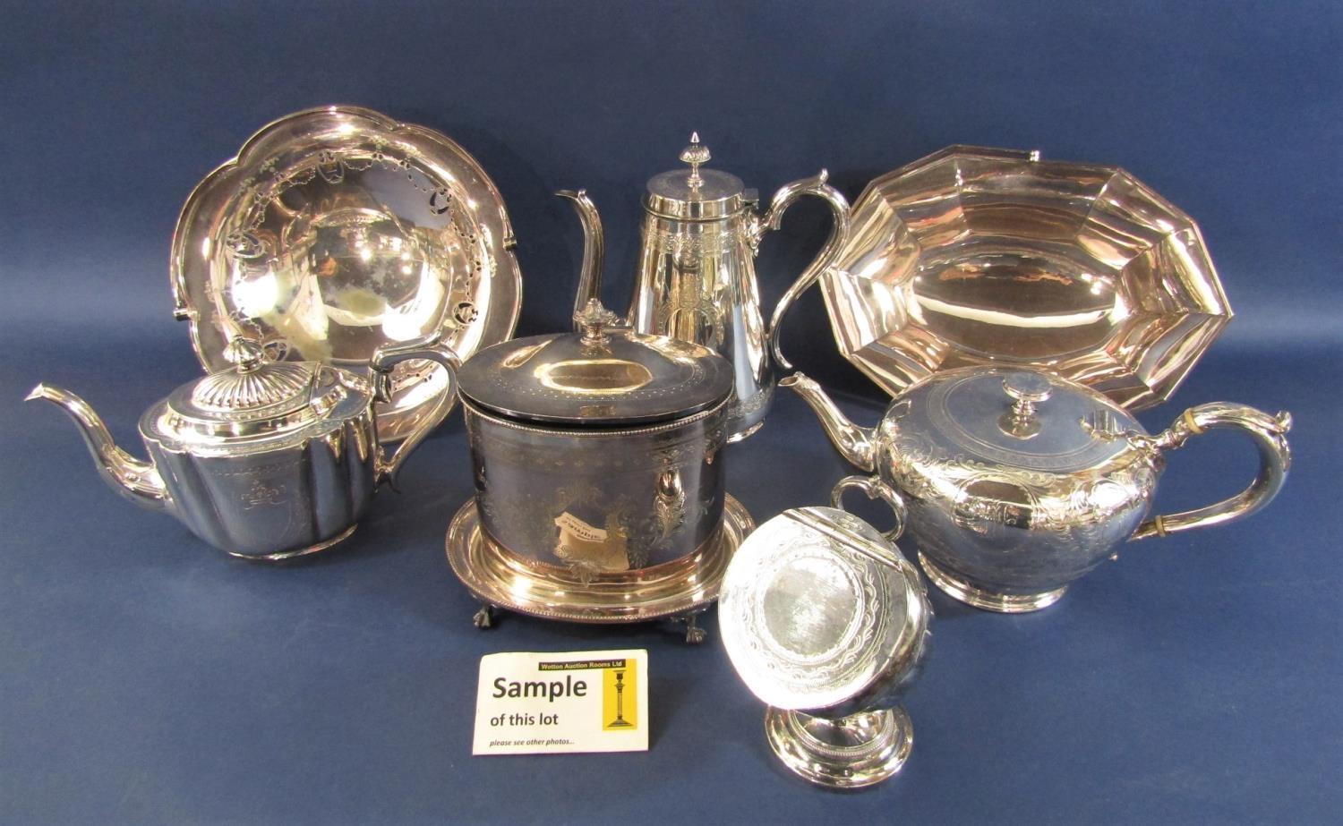 Collection of silver plate comprising various Regency style items to include salt pig, caddy,