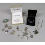 Collection of silver jewellery to include three decorative lockets, a boxed 'Footnotes' heart