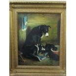 20th century school in the 19th century manner - Barn interior with dog and pups, oil on board,