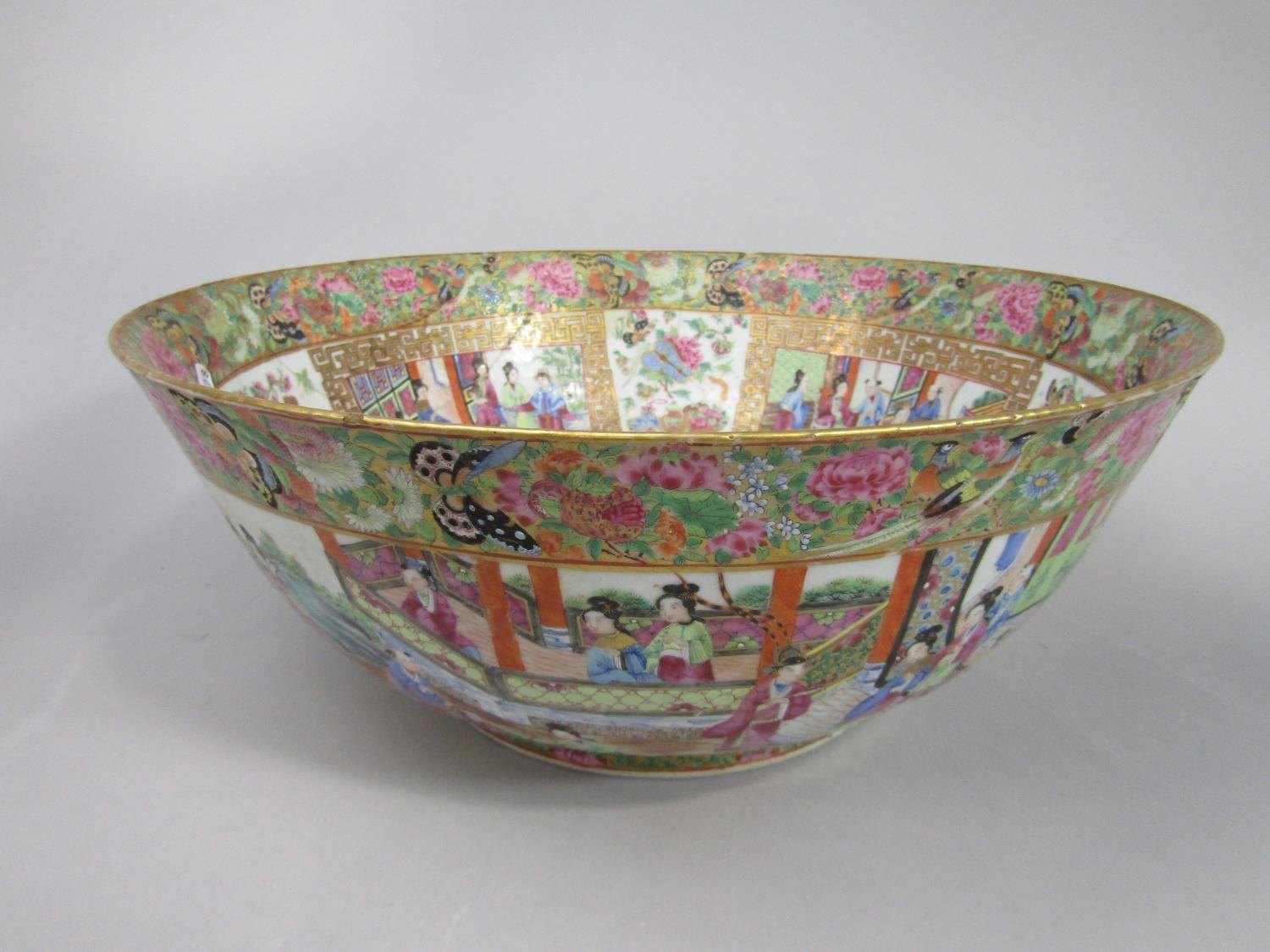 A 19th century Cantonese punch bowl with polychrome painted continuous decoration to the exterior - Image 2 of 2