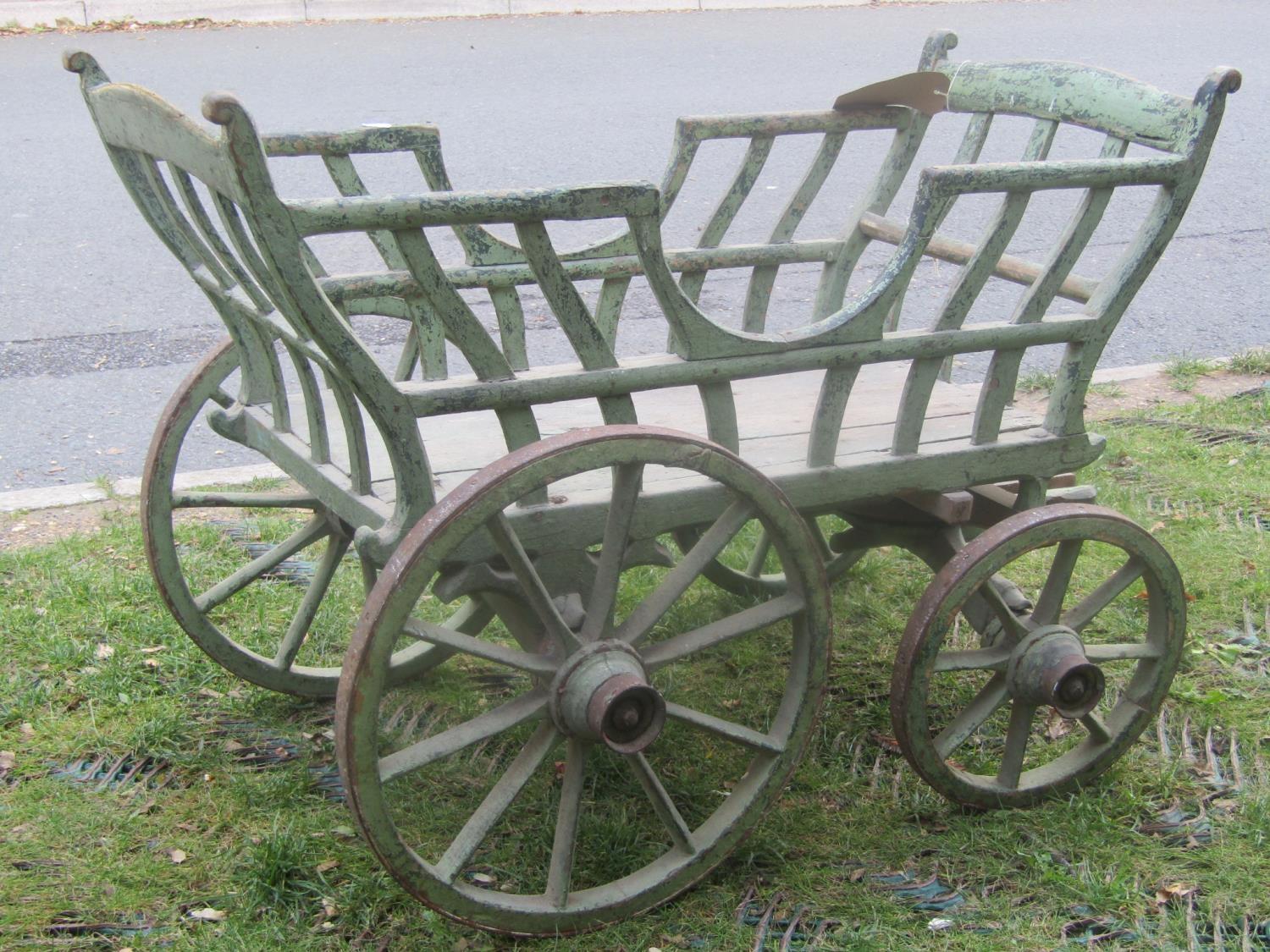 A small old vintage agricultural type hand/dog cart with shaped splats, spoke wheels, iron rims - Image 2 of 2