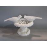 Cast iron table top bird bath, mounted by two birds, 20cm high