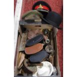 A box of interesting items to include The Caldic make bowler hat, two military hats, three cased