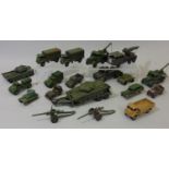 Collection of Dinky model military vehicles including Centurion tanks, army trucks, recovery