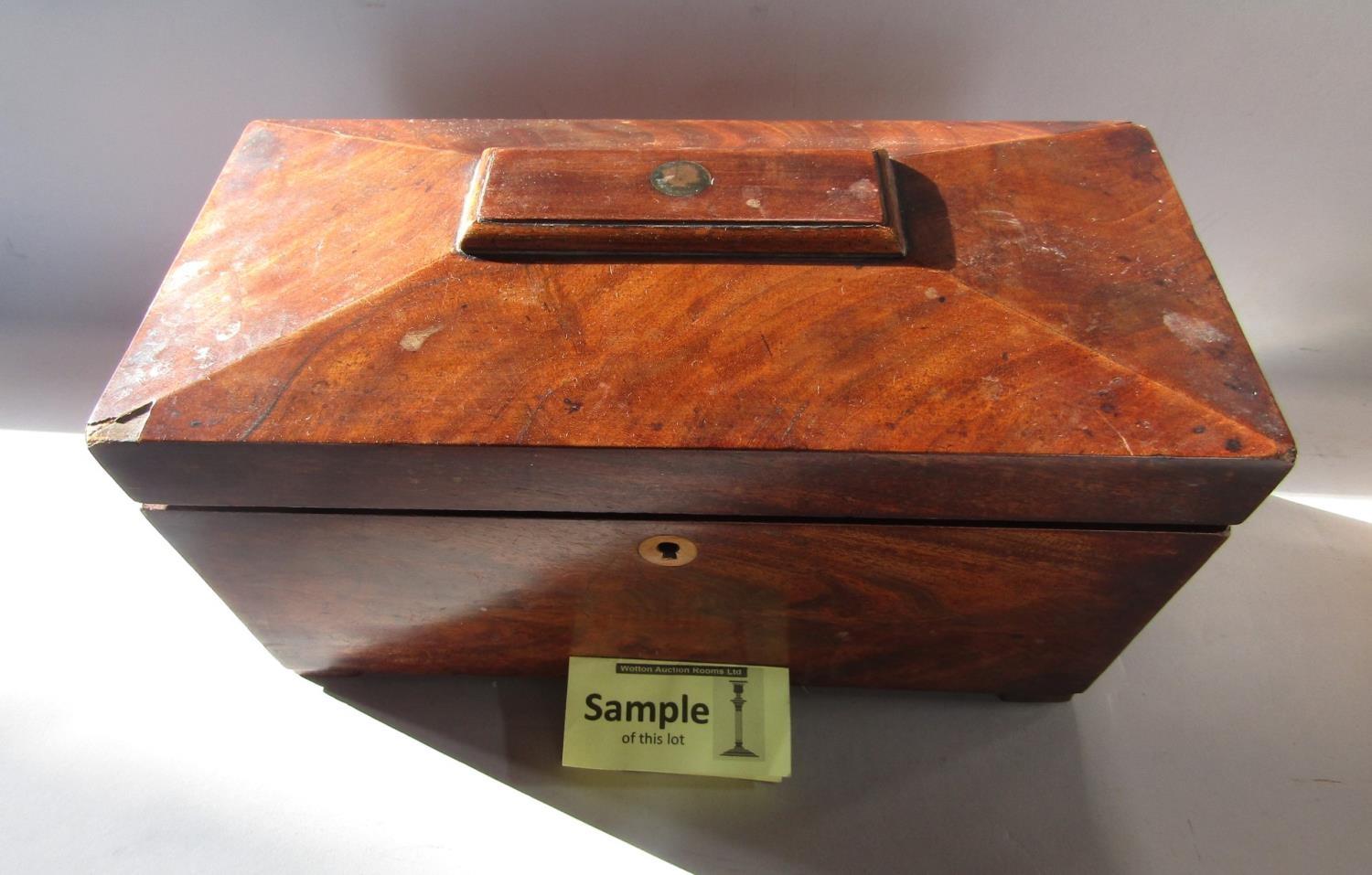 A 19th century mahogany sarcophagus tea caddy with hinged lid together with a further lacquered - Image 4 of 4