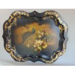 A large mid 19th century papier mache and lacquered serving or display tray with raised shaped